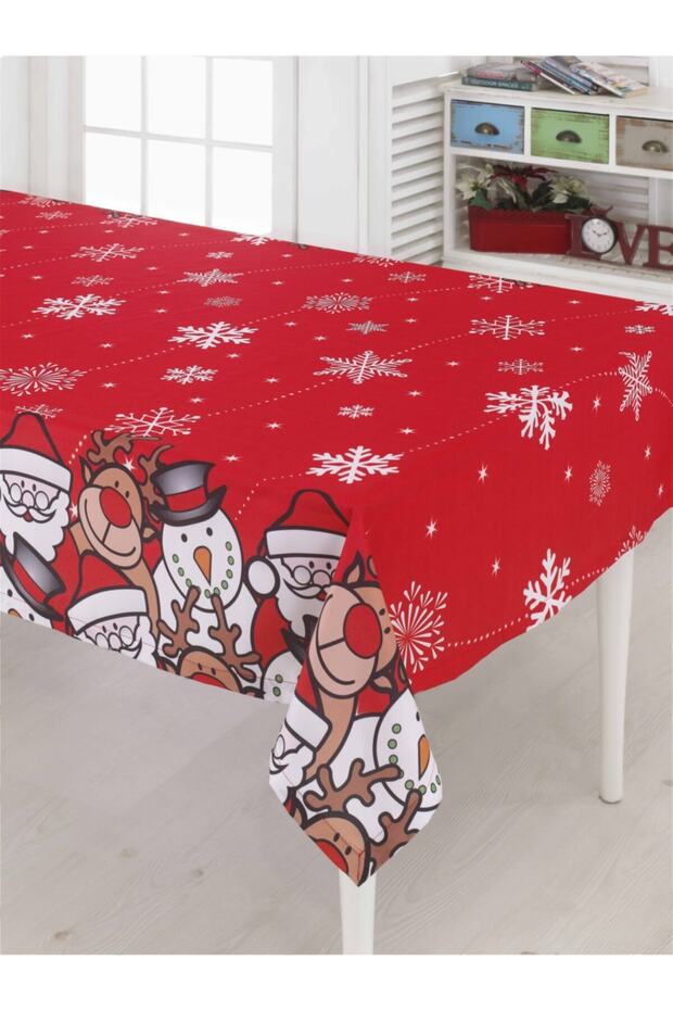 New Year's Snowman and Deers Red Tablecloth
