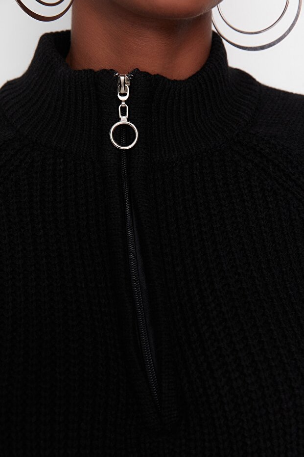 Siyah Crop Fermuarlı Dik Yaka Basic Triko Kazak TWOAW22KZ1632 - 4