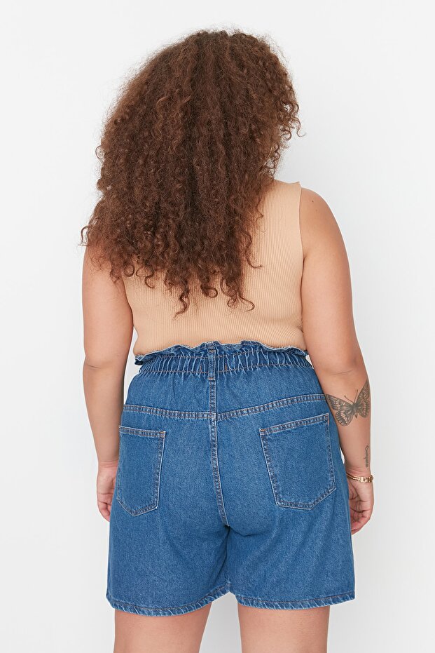 Mavi Lastikli Yüksek Bel Geniş Kesim %100 Pamuk Non-Stretch Büyük Beden Denim Şort TBBSS22JE00015 - 4