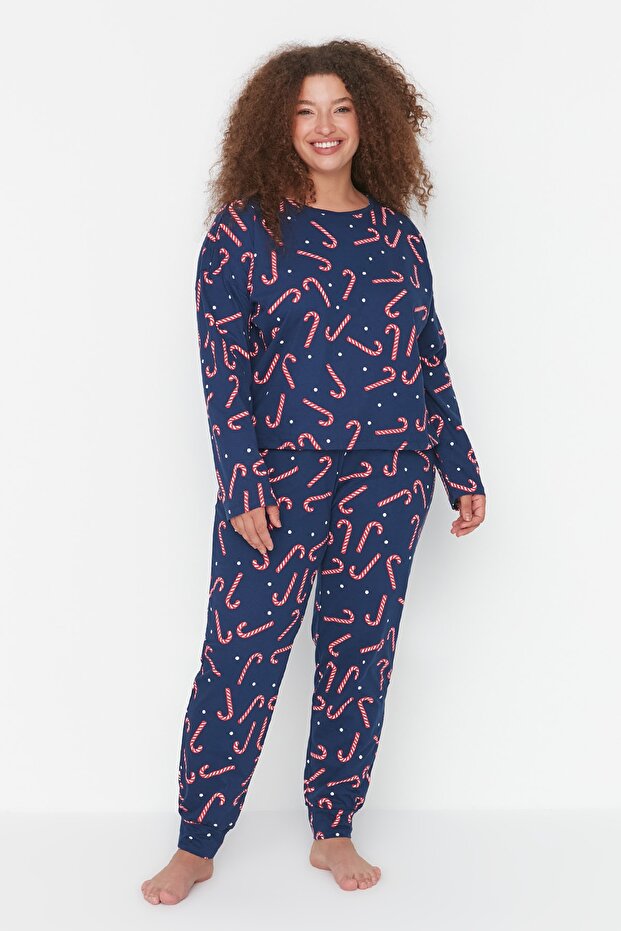 Lacivert Yılbaşı Temalı Örme Pijama Takımı TBBAW23AI00026 - 1