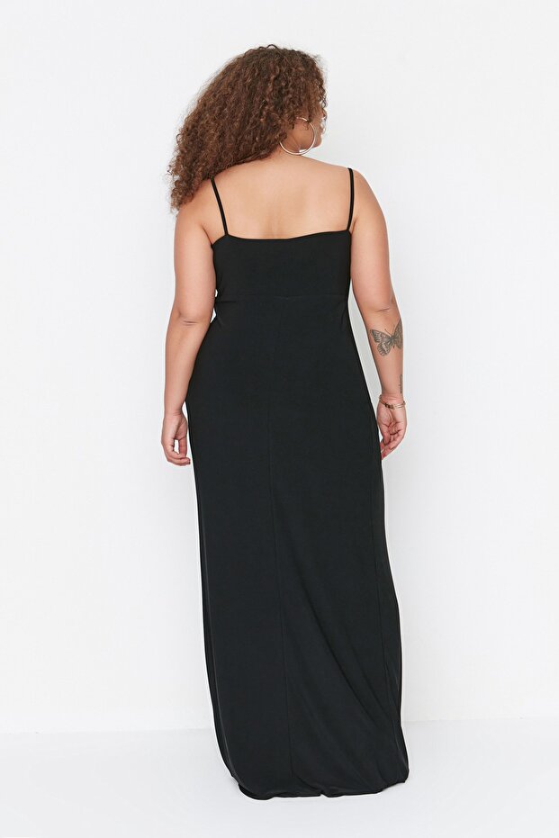 Long Black Knitted Evening Dress - Drape Detailed TBBSS22AD00000 - 4