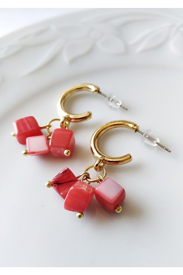 أقراط خرز مكعب أحمر - 2