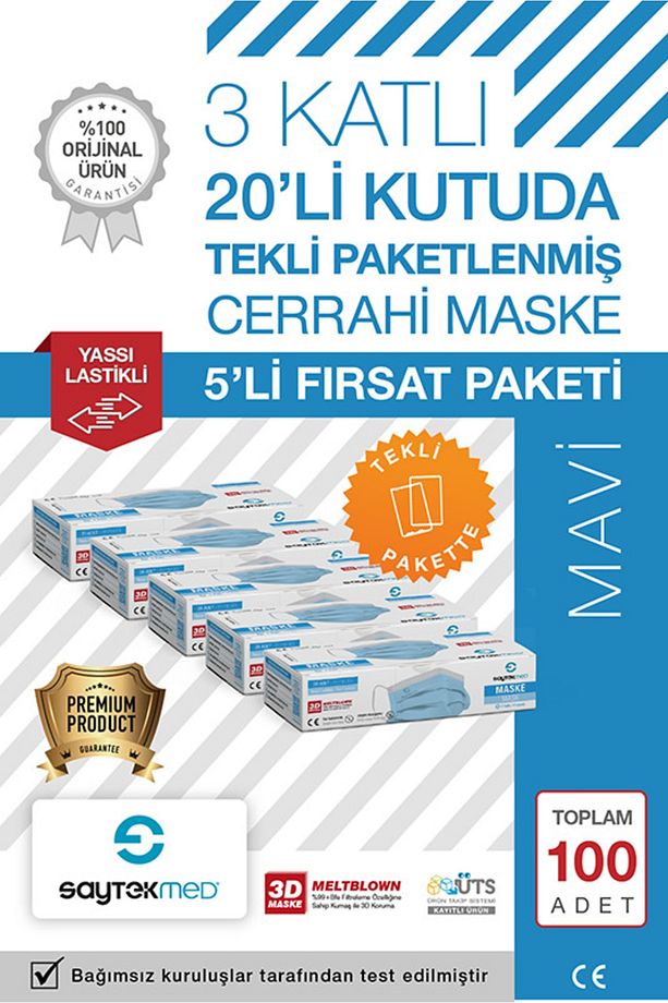 Tek Tek Steril Paketli, Meltblown Filtreli, 3 Katlı Mavi Maske (5 Kutu/100 Adet) - 1