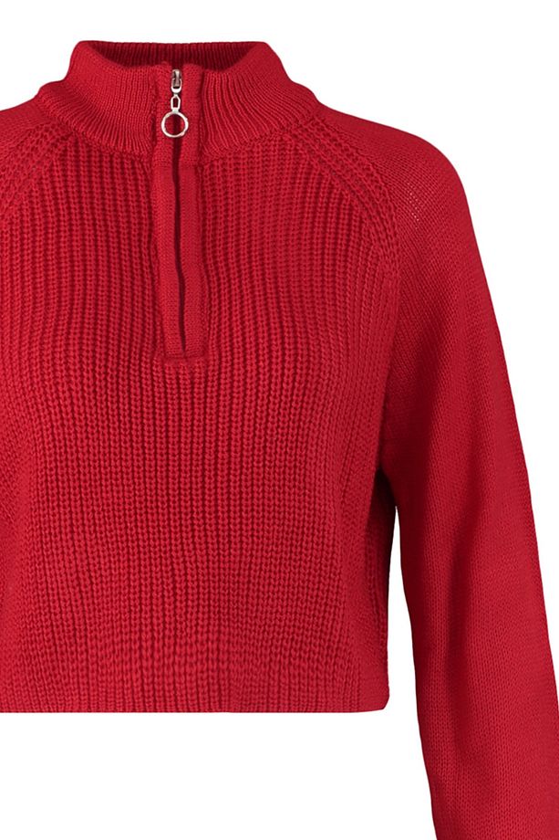 Kırmızı Crop Fermuarlı Dik Yaka Basic Triko Kazak TWOAW22KZ1632 - 7
