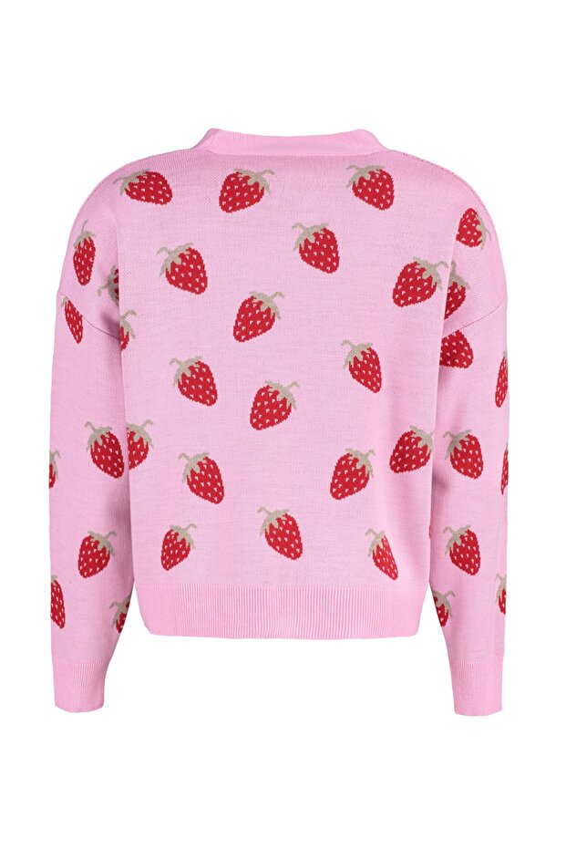 Pembe Çilek Desenli V Yaka Crop Triko Hırka TBBAW23AV00028 - 8