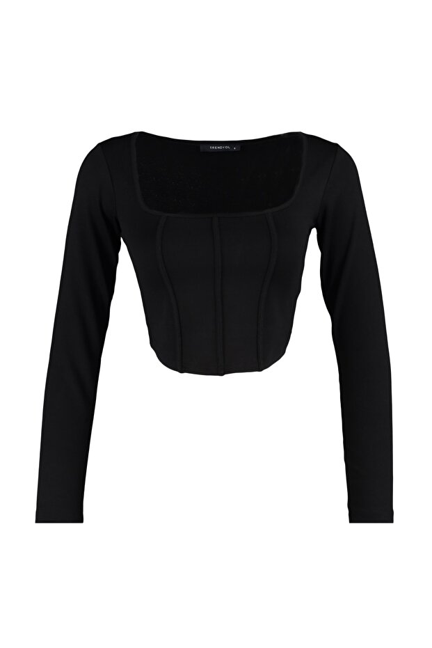Siyah Biye Detaylı Kare Yaka Fitted/Vücuda Oturan Crop İnterlok Örme Bluz TWOAW23BZ00151 - 7