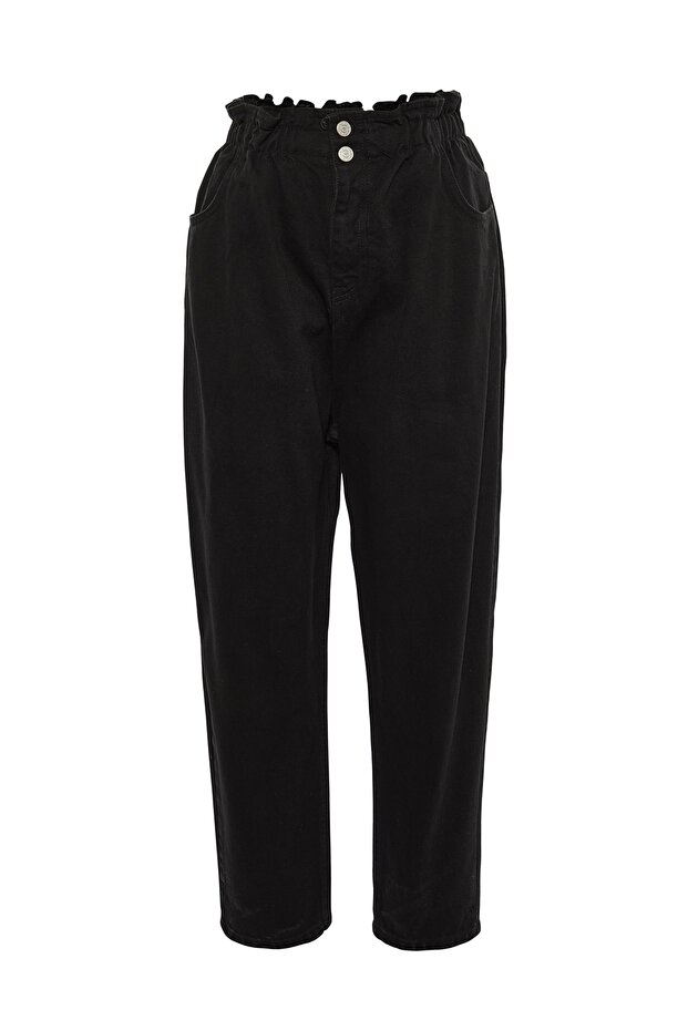 Siyah Yüksek Bel Beli Lastikli %100 Pamuk Büyük Beden Mom Jeans TBBAW23JE00002 - 12