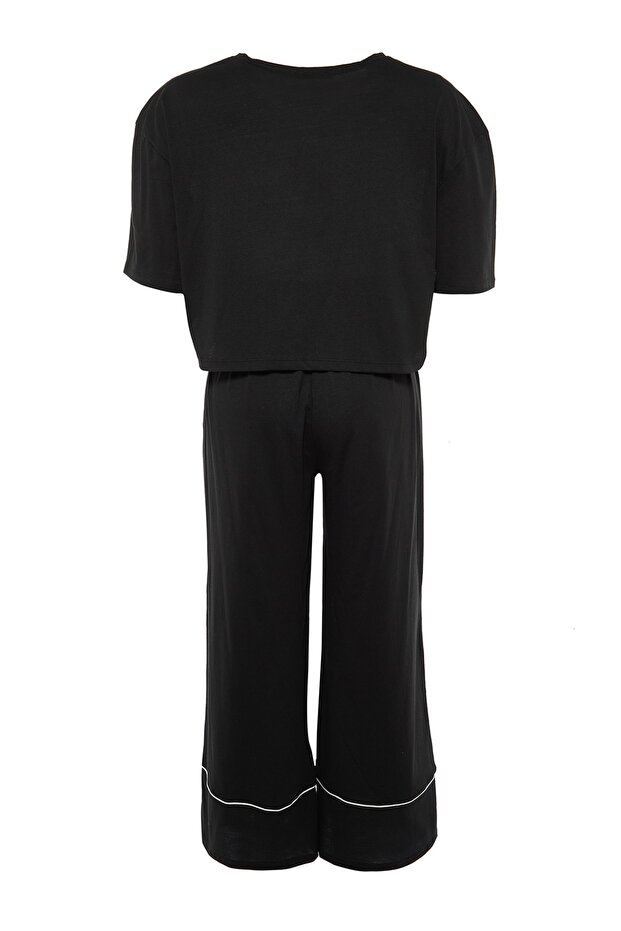 Siyah Baskılı Wide Leg Crop Boy Örme Pijama Takımı TBBAW23AI00040 - 7