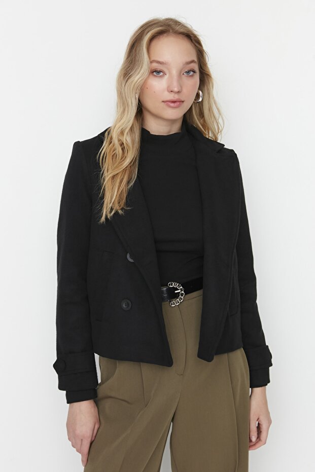 Schwarzer taillierter Wollmantel mit Prägung TWOAW21KB0013 - 2