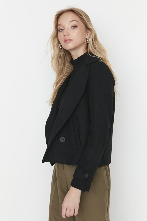 Schwarzer taillierter Wollmantel mit Prägung TWOAW21KB0013 - 3