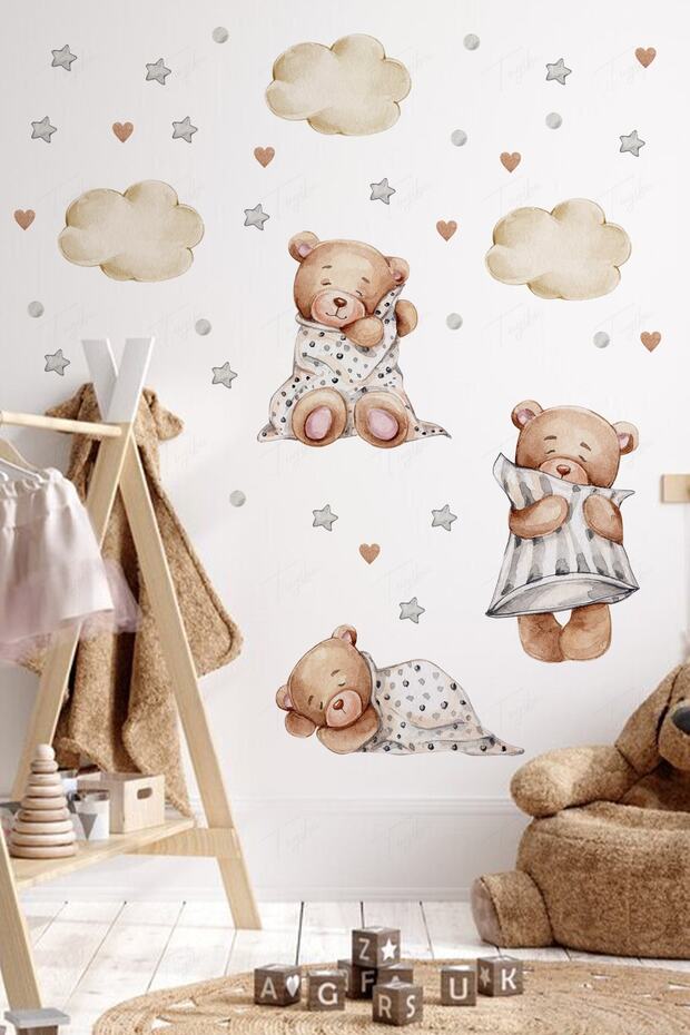 Baby Kids Room Wall Sticker Set - Sleeping Bears, Stars, Polka Dots and Clouds Themed