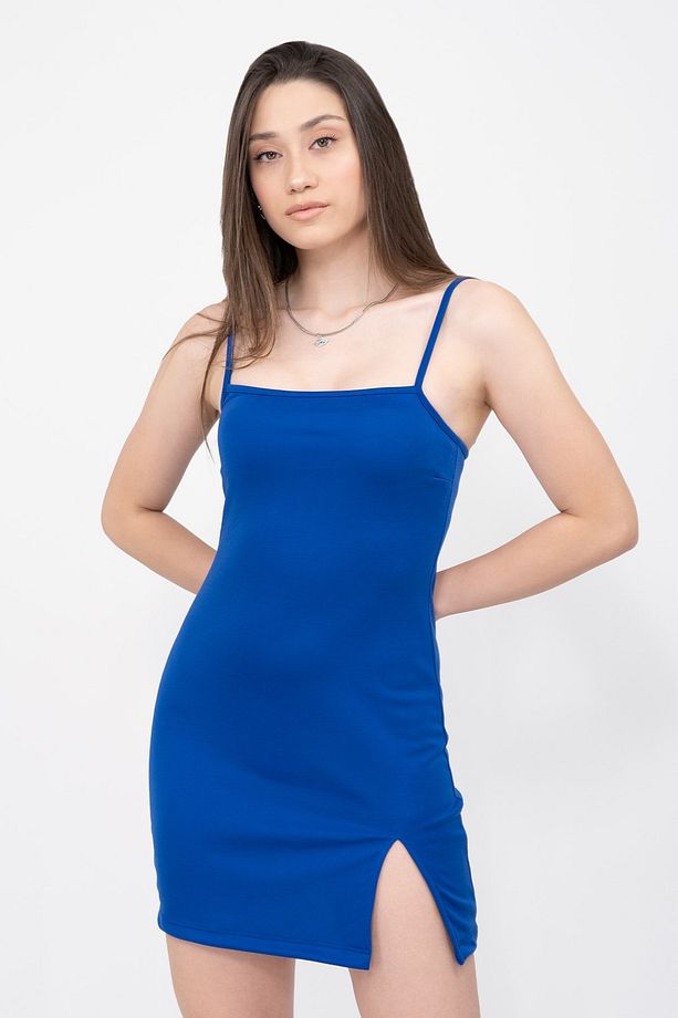 Kadın Saks Mavi Yırtmaçlı Askılı Mini Elbise - 3