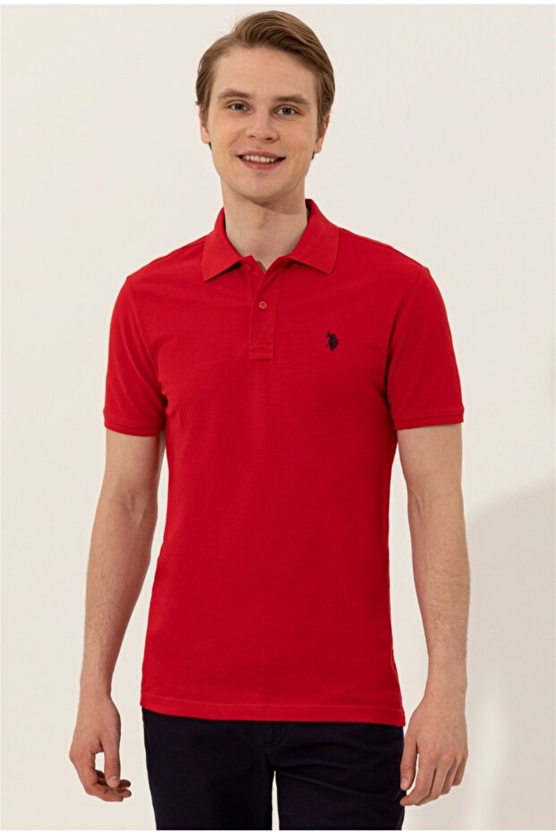 Base. Polo Assn Polo Collar Basic Red Slim Fit Pocketless Men's T-shirt