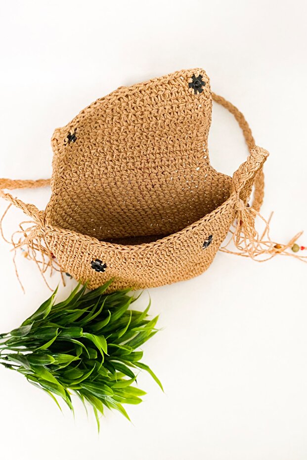 Kağıt Ip El Örgüsü Hasır Camel Rengi Şapka Ve Çanta Seti - 6