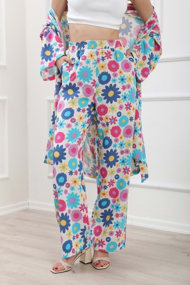 Women's Patterned Elastic Trousers 22101 - Blue - 36