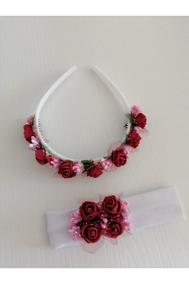 Claret Red Floral Mother Baby Crown and Bandana Set