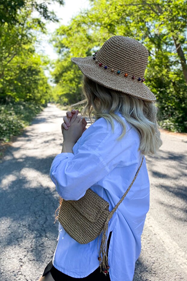 Kağıt Ip El Örgüsü Hasır Camel Rengi Şapka Ve Çanta Seti - 2