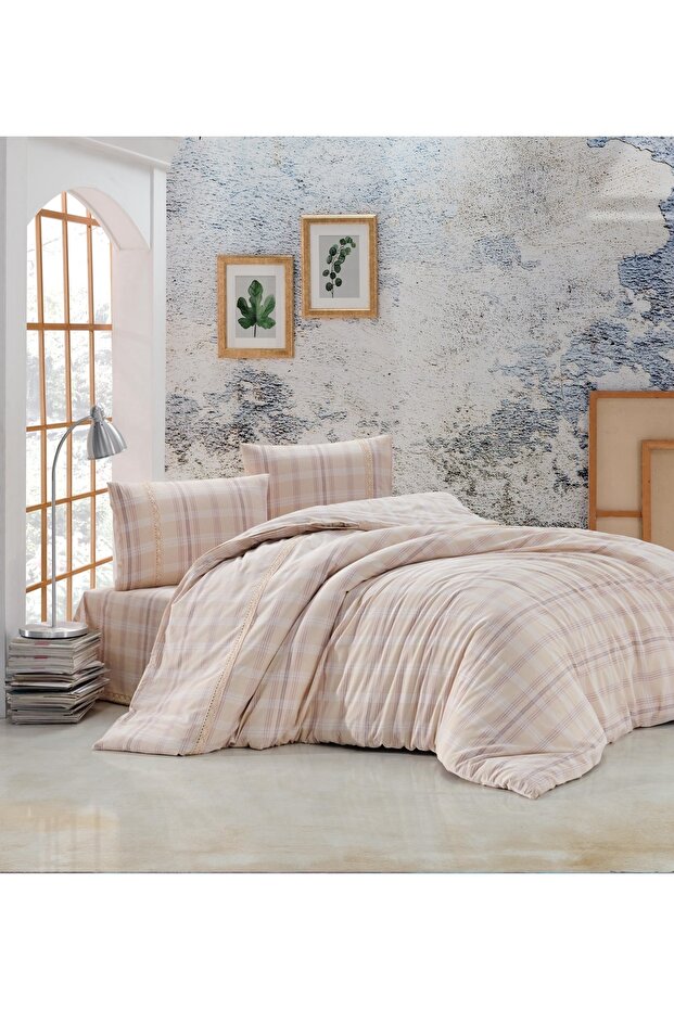 Buldan Işi Authentic Claret Red Striped Guipure Double Boxed Duvet Cover Set