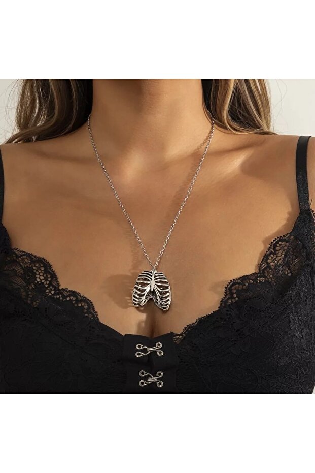Moda Gotik Vintage Göğüs Kafesi Kolye Anatomik Iskelet Kalp Retro Kolye Takı - 3