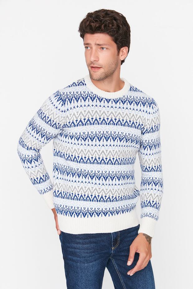 Blue Men's Slim Fit Crew Neck Jacquard Knitwear Sweater TMNAW23KZ00029