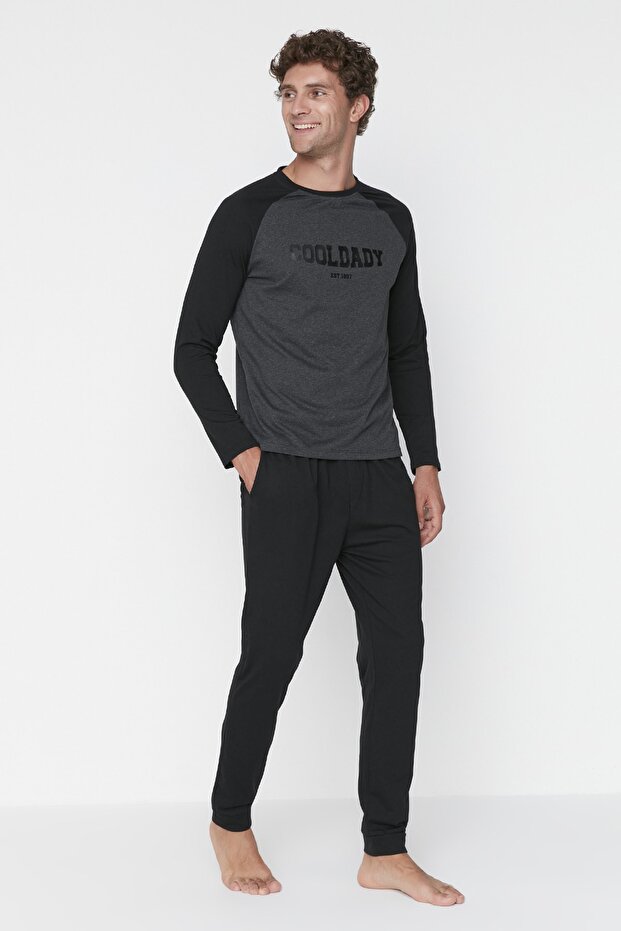 Siyah Baskılı Reglan Kol Örme Pijama Takımı TMNAW23PT00032 - 6