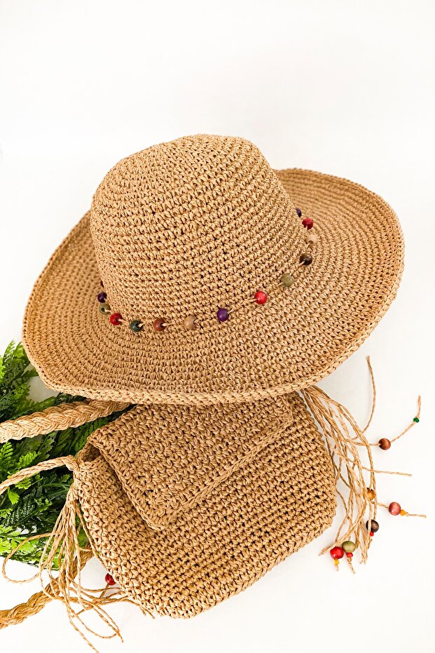 Kağıt Ip El Örgüsü Hasır Camel Rengi Şapka Ve Çanta Seti - 1