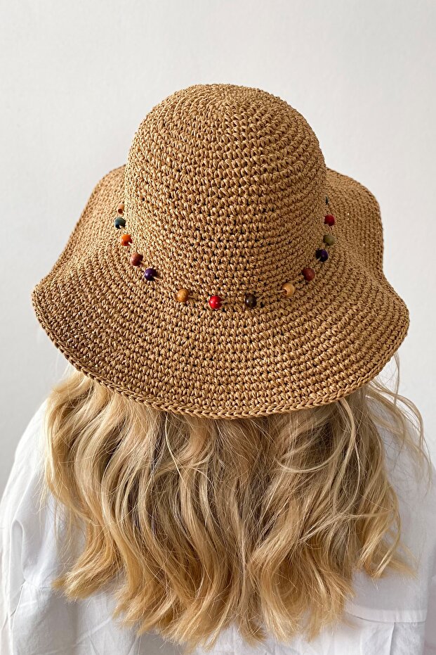 Kağıt Ip El Örgüsü Hasır Camel Rengi Şapka Ve Çanta Seti - 4