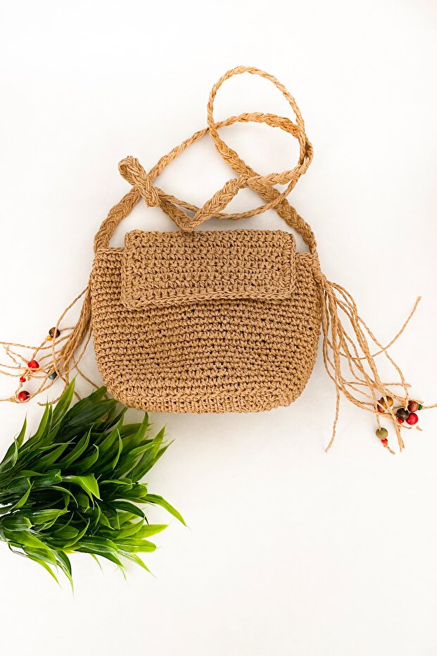 Kağıt Ip El Örgüsü Hasır Camel Rengi Şapka Ve Çanta Seti - 5