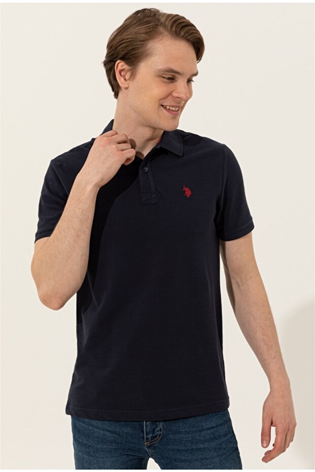 Base. Polo Assn Dark Navy Blue Polo Collar Slim Fit Pocketless Men's T-shirt