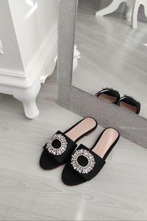 Black Matte Satin White Glass Stone Daily Women's Slippers