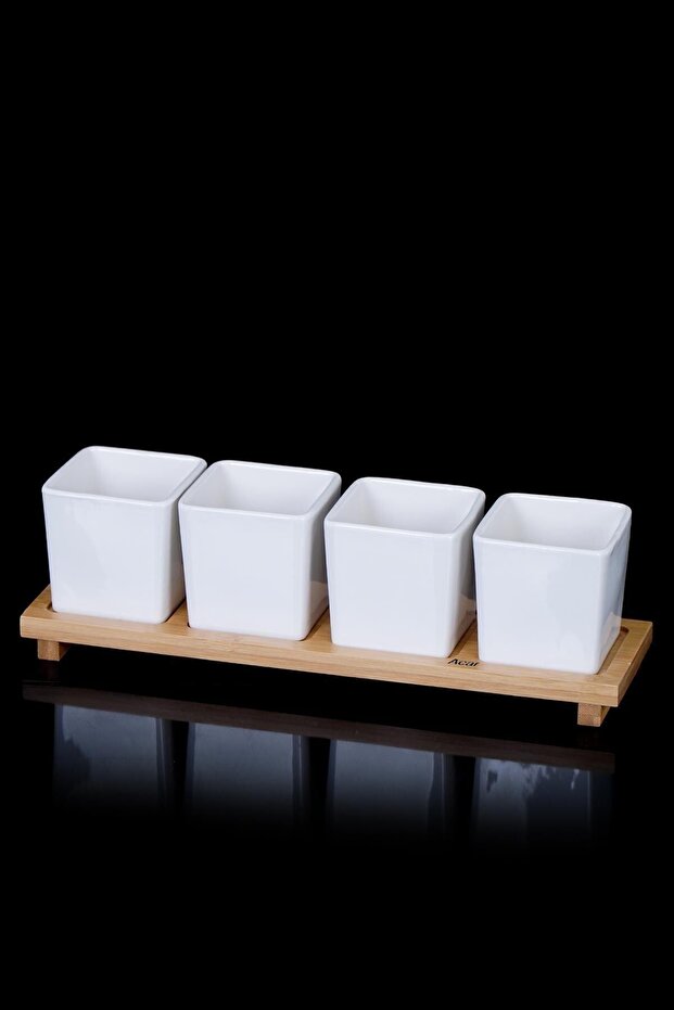 La Pure 4-Piece Square Porcelain Sauce Bowl with Bamboo Stand