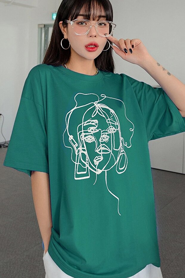 Plus Size Women's Striped Figure Oversize Mint Green T-shirt