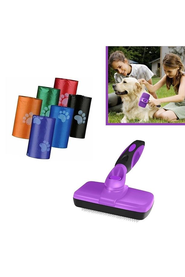 ® Otomatik Temizlenebilen Kedi Köpek Tüy Toplama Fırçası Ve 4lü Pati Desenli Kaka Torbası - 1