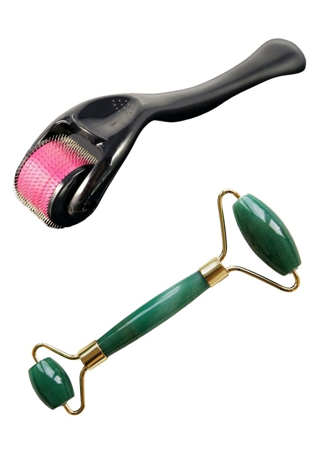 Dermaroller Skin Hair Facial Care with Storage Covered 540 Needles 0.50 Mm + Jade Roller Facial Massage Tool Set