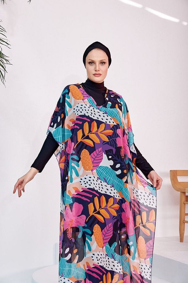 Tesettür Mayo Üzerine Desenli Tek Kaftan Pareo 430-132 Fuşya - 6