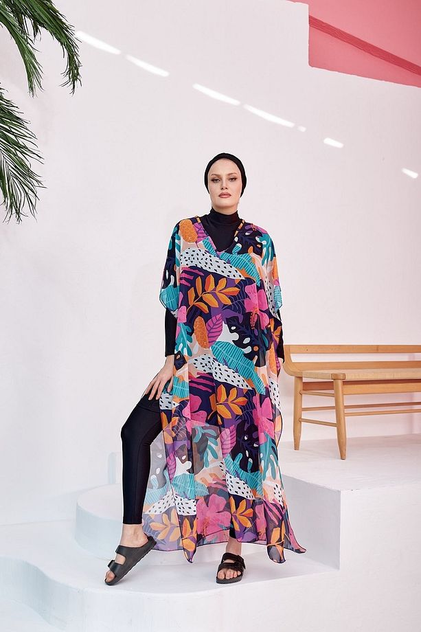 Tesettür Mayo Üzerine Desenli Tek Kaftan Pareo 430-132 Fuşya - 7