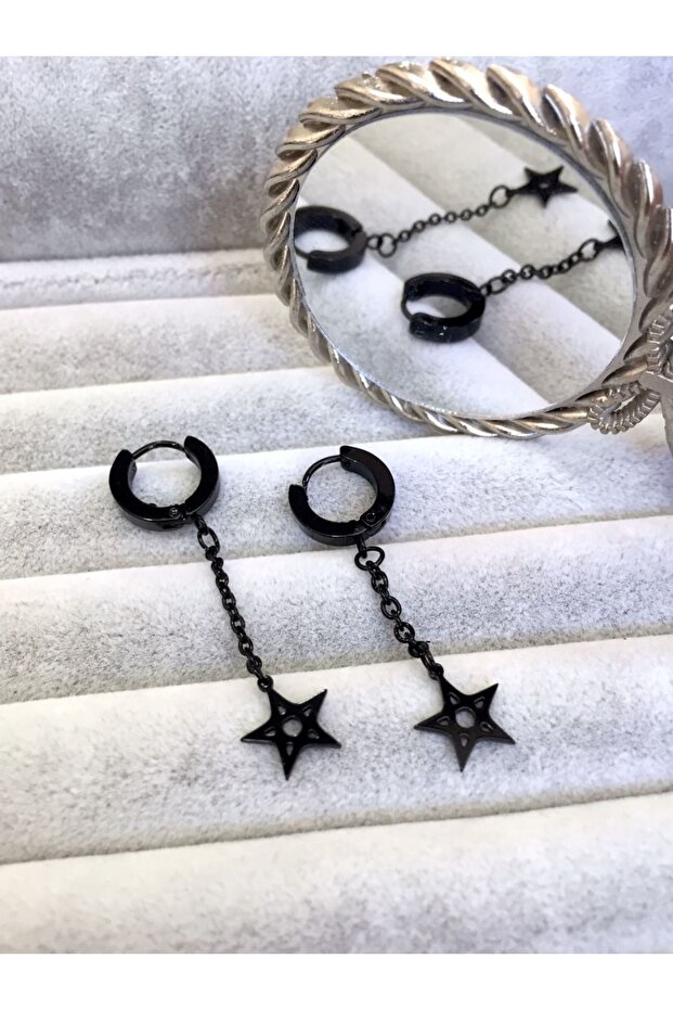 Long Dangle Black Star Earrings