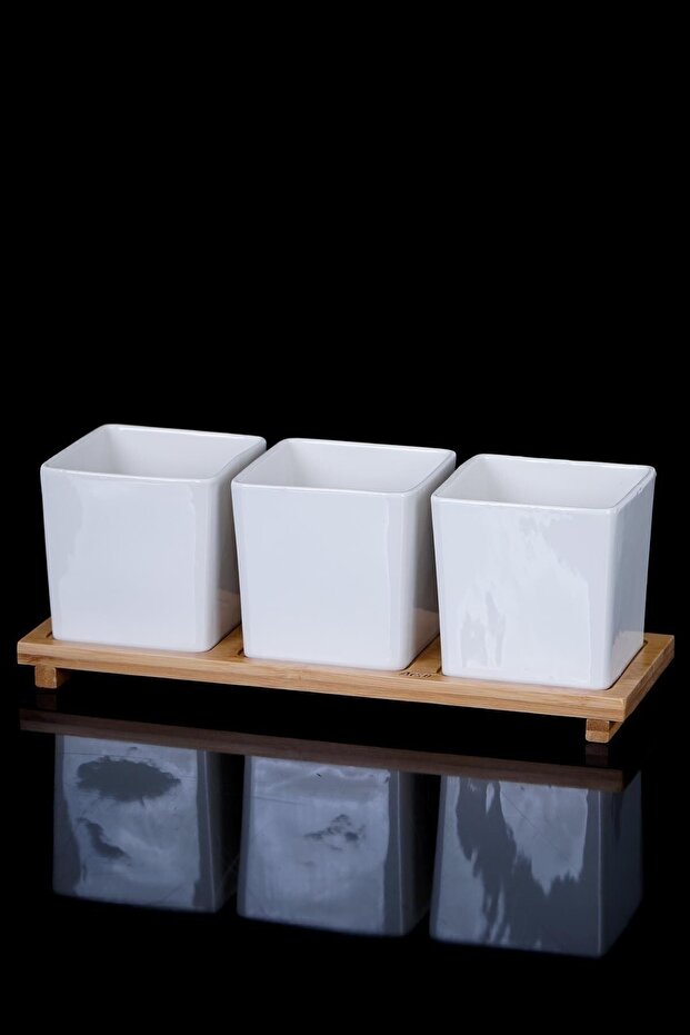 La Pure 3-Piece Bamboo Tray Square Porcelain Sauce Bowl Fma01675