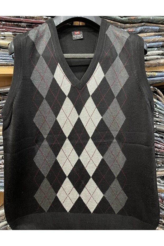 Men's Black and White Checkered Patterned V-Neck Fine Knitwear Sweater