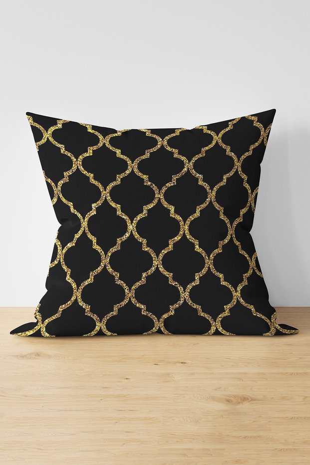 Gold Detailed Ogea Patterned Decorative Modern Suede Pillow Cushion Cover