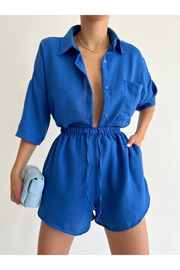Women's Blue Linen Fabric Oversize Shirt Shorts Set