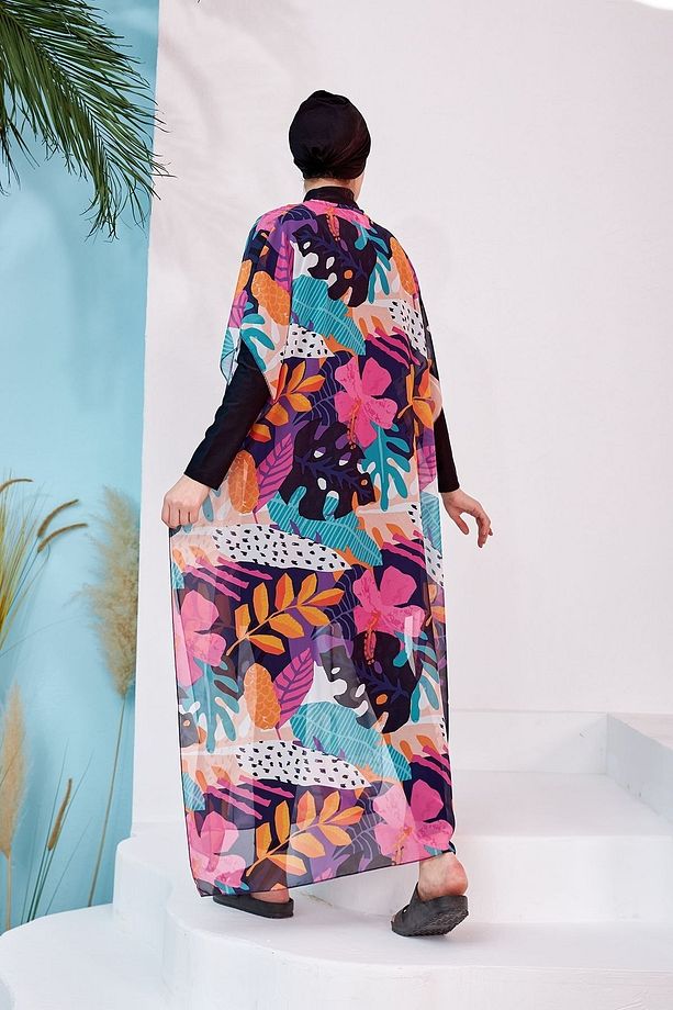 Tesettür Mayo Üzerine Desenli Tek Kaftan Pareo 430-132 Fuşya - 8