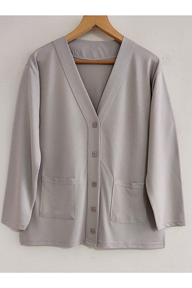 Women's Beige Mom Transitional Pocketed Cardigan Jersey