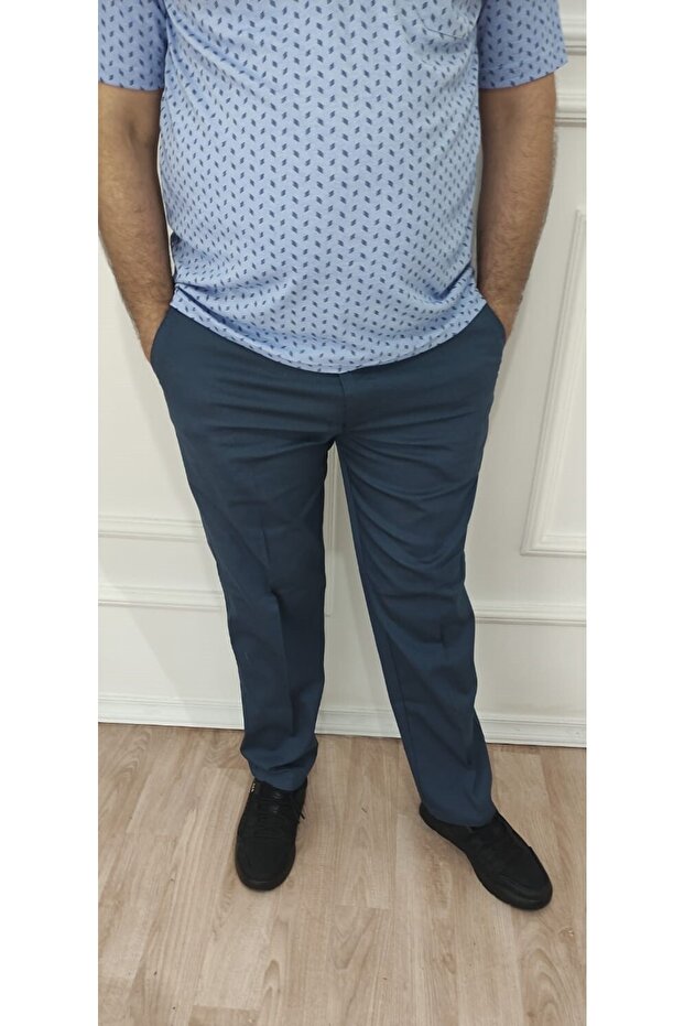 Men's Large Size Classic Comfortable Fit Navy Blue Linen Trousers
