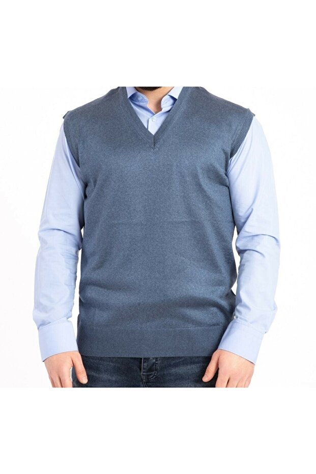 Men's V-Neck Wool Knitted Indigo Fine Knitwear Sweater