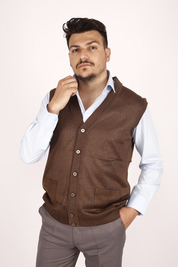 Men's Fine Wool Knit Brown Knitwear Vest