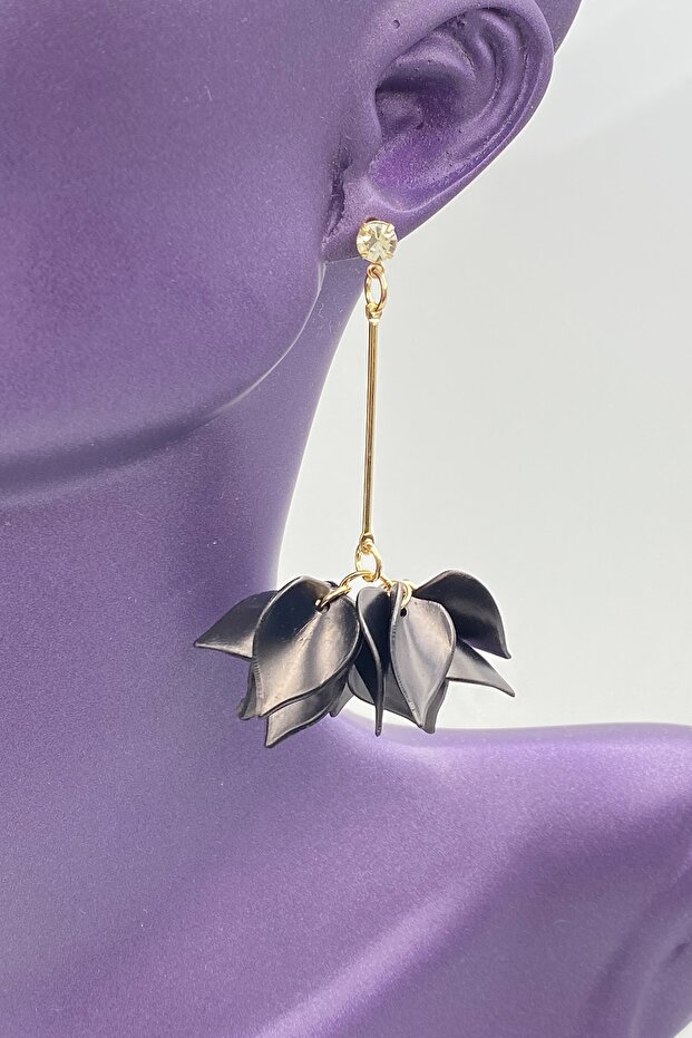 Women's Stoned Matte Pastel Black Color Dangle Acrylic Leaf Flower Earrings