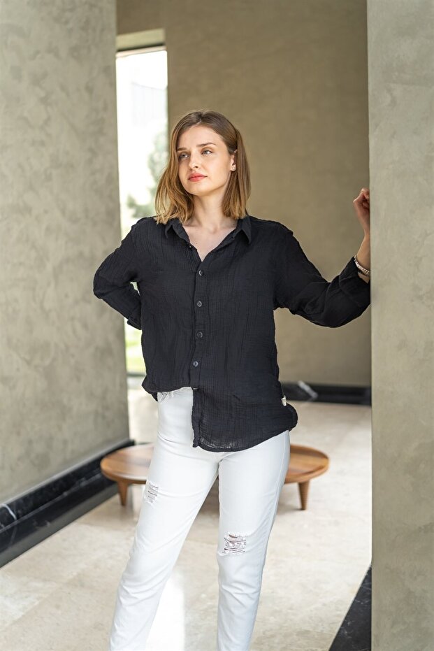 Women's Blaze Muslin Patterned Black Shirt
