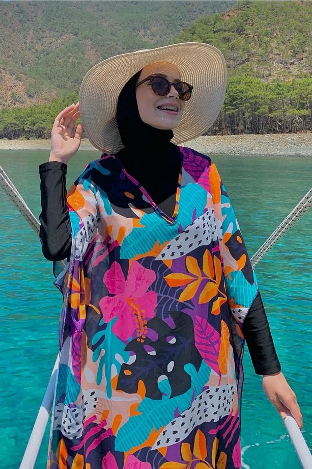 Tesettür Mayo Üzerine Desenli Tek Kaftan Pareo 430-132 Fuşya - 4