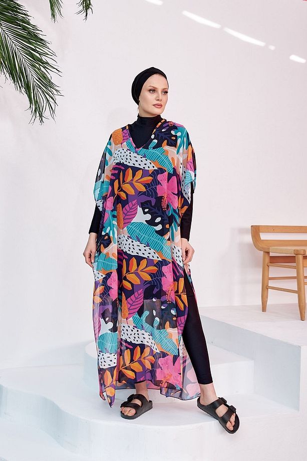Tesettür Mayo Üzerine Desenli Tek Kaftan Pareo 430-132 Fuşya - 5